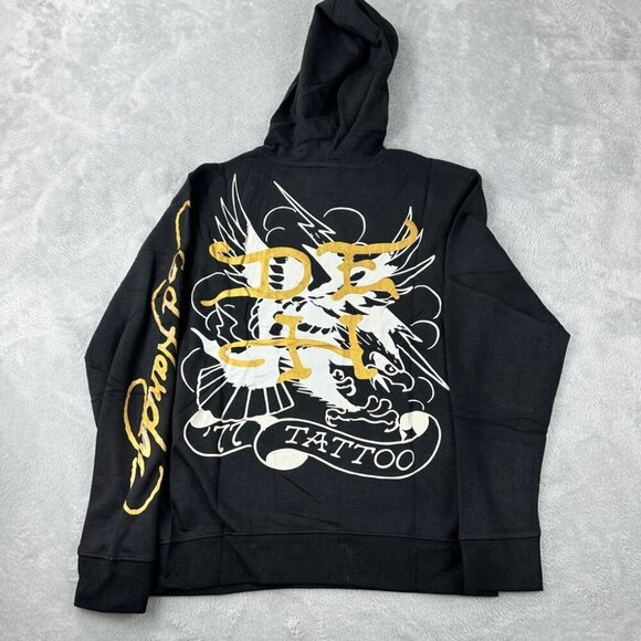 Ed Hardy NWT Men's Sz Small Flaming Skull Graphic Tattoo Fleece Pullover Hoodie - Picture 2 of 11